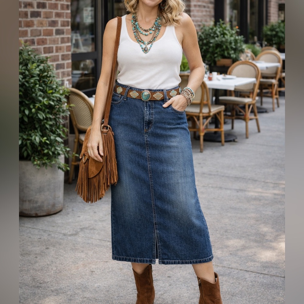 Denim Midi Skirt Size 14 – 100% Cotton Blue Jean Skirt with Back Slit - Picture 4 of 4
